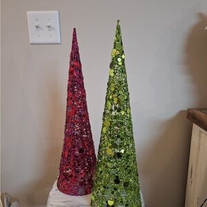 Festive Sequin Holiday Cone Set - Pink and Green and Christmas sign